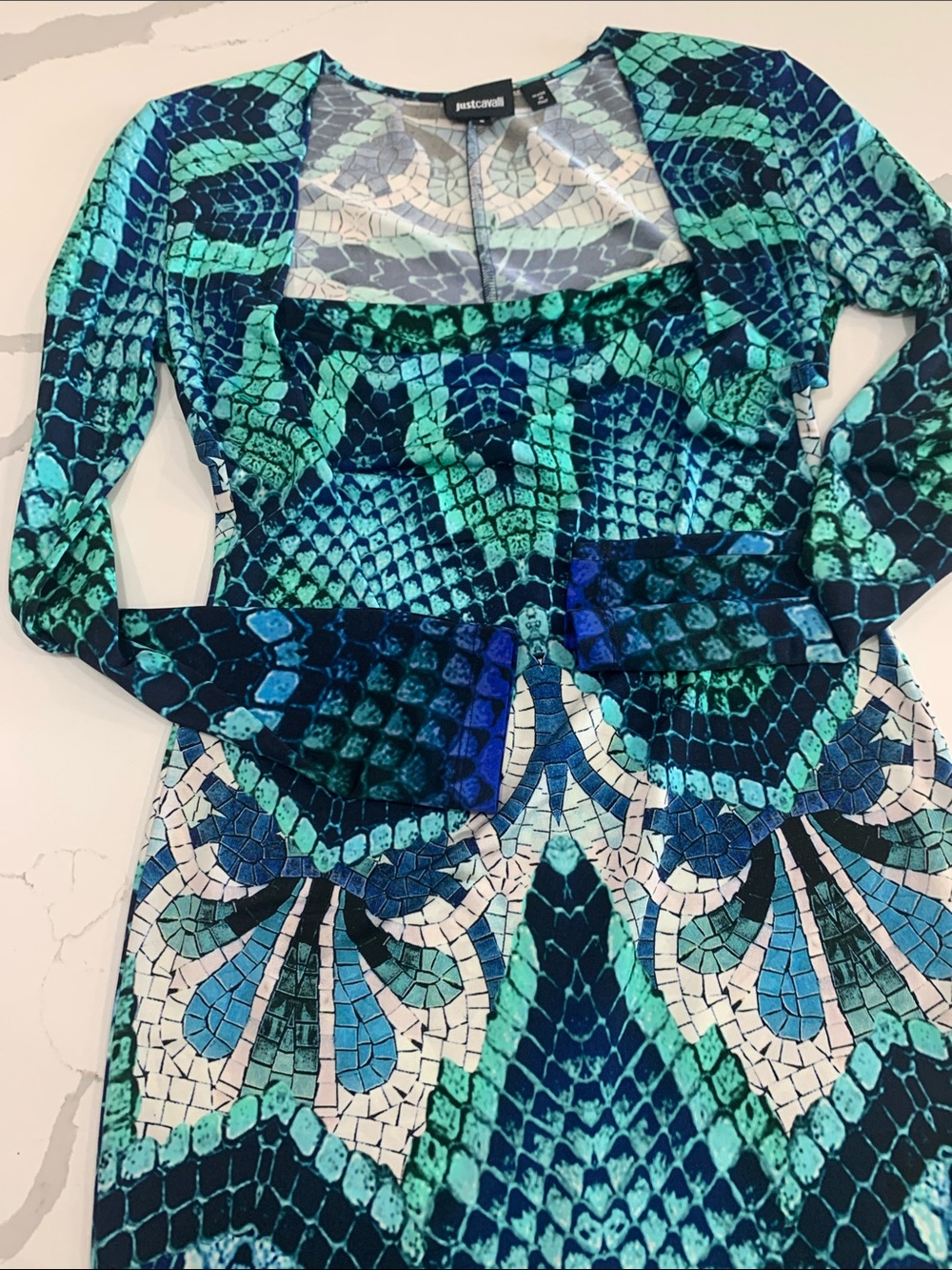 Just Cavalli turquoise and blue long sleeve low-cut girls not out dress. Size sm - Picture 3 of 8